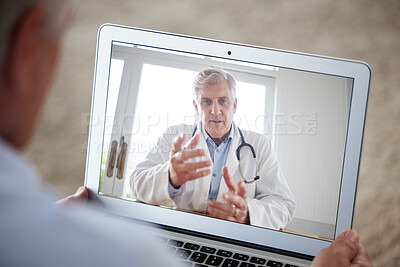 Buy stock photo Home patient with tablet consulting doctor for support, help or assistance on medical problem. Telehealth, communication and online consultation with medicine healthcare expert talking to sick client