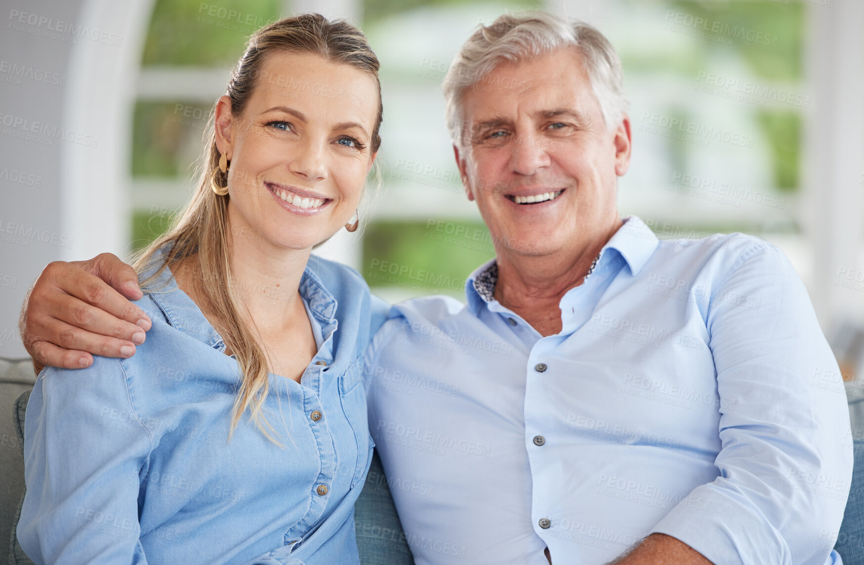 Buy stock photo Love, family and portrait of father and daughter relax on a sofa, bonding and sitting in a living room together. Happy, smile and hugging parent and woman enjoying quality time on the weekend at home