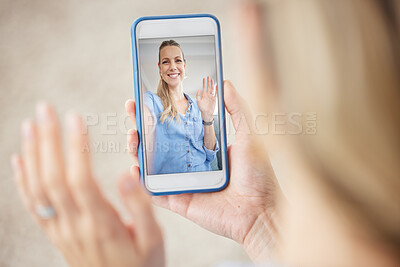 Buy stock photo Video call, phone screen and ui woman waving hello for greeting during zoom video conference with 5g mobile network connection and distance chat. Happy, smile and online communication technology app