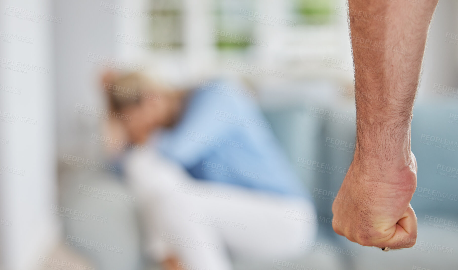 Buy stock photo Domestic violence in home, angry man fist threaten fear in scared woman and awareness of abuse pain. Physical conflict aggression, marriage problems with sad wife crying on floor and couple divorce