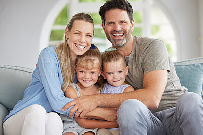 Buy stock photo Family portrait, man and woman with children bonding in house living room, home interior and lounge sofa. Happy smile, love couple or mother and father with kids in trust, security and support hug