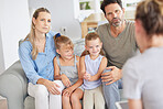 Family counseling talk from home, parents listen to a therapist and get help issue with children. Dicussing a problem with a counselor can help kids mental health, school results and social behavior 