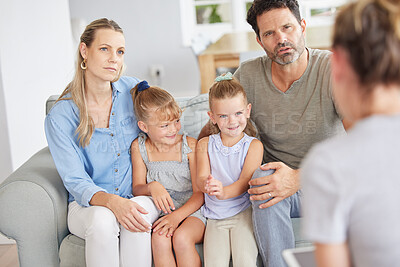 Buy stock photo Family counseling from home, parents worry and listen to therapist to get help issue for children. Talking to counselor about a problem can help kids mental health, school results and social behavior