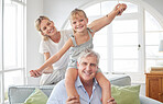 Love, play and portrait of happy family together, enjoy quality time bonding and have fun while relax on home living room sofa. Mother, girl and youth kid with smile playing on grandfather's shoulder
