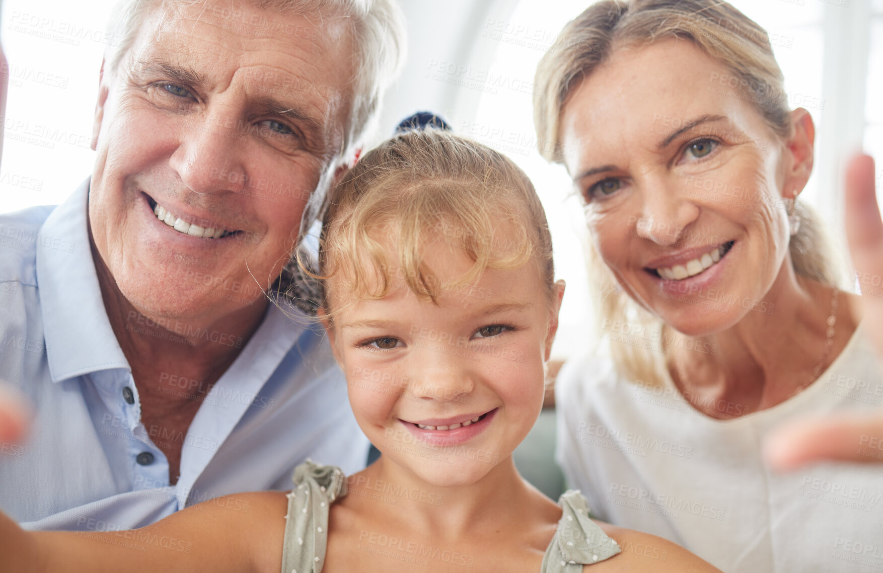 Buy stock photo Happy, love and selfie with girl and grandparents together for family, technology or internet. Contact, smile and portrait of child, old man and elderly woman with photo for media, care  and social