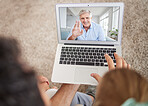 Love, family and laptop video call with senior man waving hello on digital internet screen. Online app webcam communication with happy and smiling grandfather talking with adult children.

