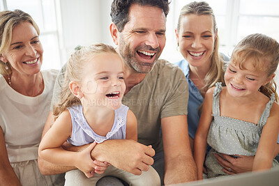 Buy stock photo Happy, family and watching tv with kids together in home and watching or streaming a comedy movie. Father, mother and parents who love entertainment technology relax, laugh and have fun in a house.