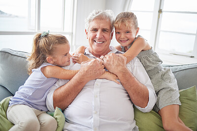 Buy stock photo Happy family hug, love and grandfather with children, youth or grandkids playing together, bonding and have fun. Happiness and portrait of senior grandparent with kids relax on home living room sofa