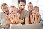 Family wow, streaming movie and kids with surprise at online email, shock at horror film on subscription service and  notification on web on laptop. Parents and grandmother scared of news on tech