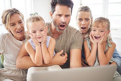 Buy stock photo Family wow, streaming movie and kids with surprise at online email, shock at horror film on subscription service and  notification on web on laptop. Parents and grandmother scared of news on tech