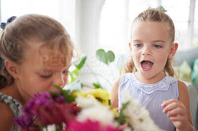 Buy stock photo Excited, wow and children looking surprised looking at flower bouquet surprise for birthday, mothers day or valentines day. Girl kids or sibling sisters happy and playful with spring flowers at home