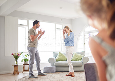 Buy stock photo Couple, divorce fight and child trauma with mental health, anxiety and depression from watching parents. Stress, argument and burnout man and woman or mother and father with girl in house living room