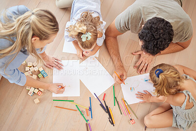 Buy stock photo Family with creative children drawing on paper,  home school and fun educational activity, learning and project. Above of parents, kids doodle, color and play for healthy growth, development and art