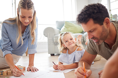 Buy stock photo Family drawing, creative smile and girl on living room floor with parents, writing on paper and happy with game in lounge of house. Mother and father playing with child for love together in home