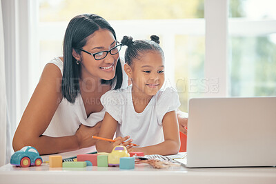 Buy stock photo Mother laptop, teaching and learning girl with homework in the room. Mom and kid smile with internet to homeschool her young daughter to help with math, for a happy family on a child education app