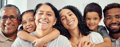 Buy stock photo Big family, smile and happy portrait with children, men and women in house or home. Comic face of retirement elderly seniors, support mother or father with kids in trust, love or security bonding hug