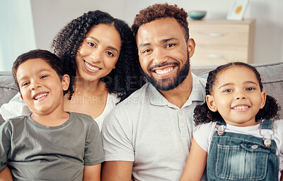 Buy stock photo Smile, love and portrait of happy family in living room together for relax, care and lifestyle. Happiness, hug and relationship with parents and children sitting on sofa at Colombia home 