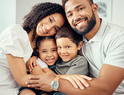 Buy stock photo Man, woman and children in family portrait hug and bonding on house living room sofa or home interior furniture. Happy smile, love couple or mother and father with kids in trust, security and support