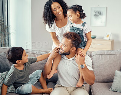 Buy stock photo Smile, love and play of happy family home on living room sofa together for relax, care and lifestyle. Happiness, excited and fun relationship with parents, young children and quality time in lounge