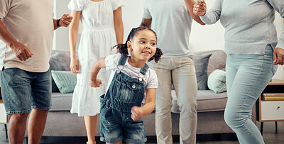 Buy stock photo Happy girl with family dancing in living room while playing, having fun and enjoy bonding quality time together. Happy family love, connection and freedom for youth child or kid at home dance party