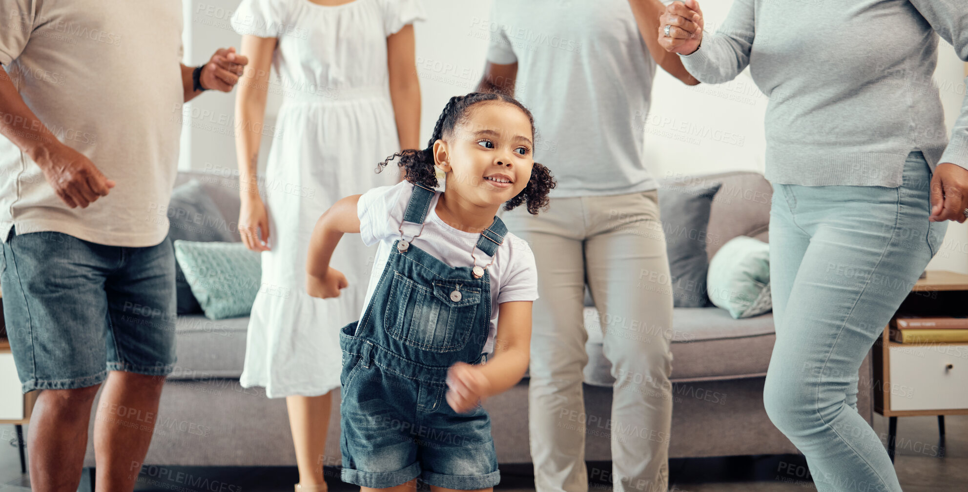 Buy stock photo Happy girl with family dancing in living room while playing, having fun and enjoy bonding quality time together. Happy family love, connection and freedom for youth child or kid at home dance party