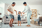 Happy grandparents, girl and dance holding hands in home living room with music having fun sharing love, energy and bond. Retired man, woman and kid playing, caring and enjoying active time together.