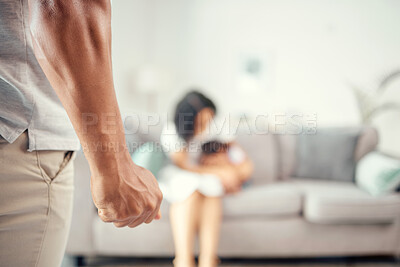 Buy stock photo Angry, frustrated and domestic violence man fist or hand with wife in the house. Husband in a toxic relationship, marriage or anger problem with control issue with child abuse, woman or wife 
