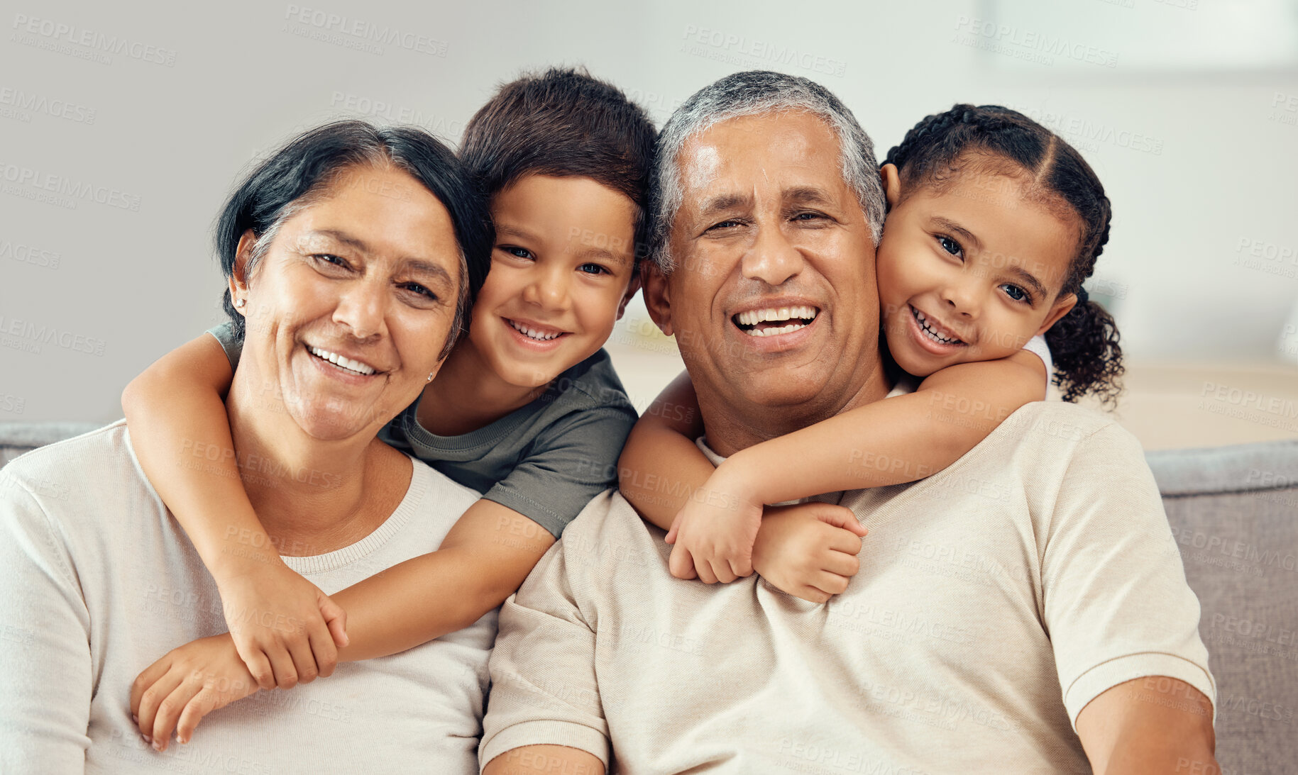 Buy stock photo Grandparents, grandkids and hug portrait of family relax, love and care on lounge sofa at home. Smile, play and happy children, senior grandma and funny elderly grandpa bond together for quality time