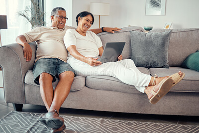 Buy stock photo Relax, laptop and elderly couple on sofa, bonding and laughing at funny online video in a living room. Love, retirement and senior man and woman enjoying their relationship and peaceful lifestyle