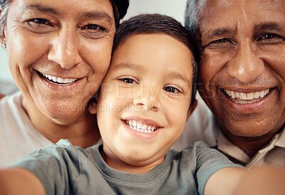 Buy stock photo Boy take selfie with happy grandparents, together in closeup or zoom portrait in house. Latino male child smile with grandma and grandpa in macro with expression of happiness and love in family home