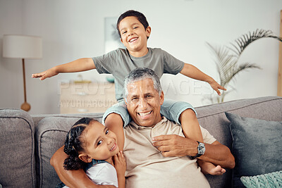 Buy stock photo Grandkids, grandpa and play together in living room for love, care and relax in family home. Portrait of happy children, smile senior grandparent and bonding, laughing and enjoying funny quality time