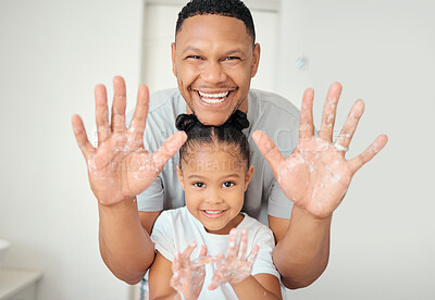 Buy stock photo Cleaning, hand and happy family portrait by father and daughter washing hands in bathroom at home, relax and cheerful. Hygiene, care and fresh palms on parent and child enjoying and playing with soap