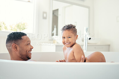 Buy stock photo Happy, bathroom and shower with father and child in the morning for cleaning, family and love. Relax, wellness and smile with dad and baby in bathtub together for care, lifestyle and health at home