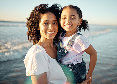 Buy stock photo Family at beach for vacation, black mother and child play in the ocean. Sand, sun and ocean waves are great rest for mental health. Seaside holiday is fun for kids, parents and healthy stress relief 