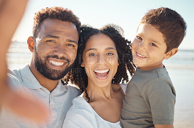 Buy stock photo Family selfie portrait at beach holiday, summer vacation and seaside relaxing together. Faces of excited, smile and happy mom, dad and boy kids taking photos for fun, happiness and sunny ocean travel