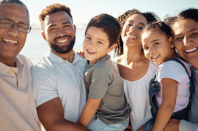 Buy stock photo Diversity big family in portrait for summer outdoor holiday with children and grandparents on blue sky and sunshine. Happy smile of grandmother, father and kids for wellness, vitamin d or development