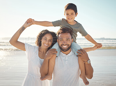 Buy stock photo Happy family, portrait and beach holiday with parents bonding with their son, playful ocean fun. Love, travel and family time with young man and woman enjoying a sea trip with their smiling son