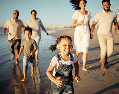 Buy stock photo Family, girl and beach with children, parents and grandparents walking together on holiday by the sea. Happy generations of black family walk by the ocean in the sunset at reunion, vacation or travel