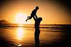 Beach silhouette, dark sunset and family on travel holiday in Mauritius, happy at the ocean sea and love for child on vacation in summer. Father and kid playing by the water in nature sunshine