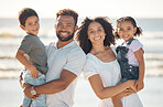 Happy family portrait, miami beach on summer vacation holiday and outdoor vacation sunshine. Children smile on holiday, afro latino parents holding kids on ocean travel and together with blue sky