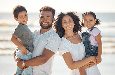 Buy stock photo Happy family portrait, miami beach on summer vacation holiday and outdoor vacation sunshine. Children smile on holiday, afro latino parents holding kids on ocean travel and together with blue sky