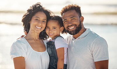 Buy stock photo Portrait family, beach travel and girl smile on holiday in Spain with parents, walking by the ocean and happy on vacation by sea. Mother and father with love for child in nature during spring