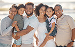 Happy, black family and portrait smile for beach moments together in happiness for the outdoors. African people smiling for fun vacation or bonding free time in generations relaxing on summer holiday