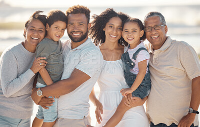 Buy stock photo Happy, black family and portrait smile for beach moments together in happiness for the outdoors. African people smiling on holiday trip or travel in South Africa to relax and bond for summer vacation