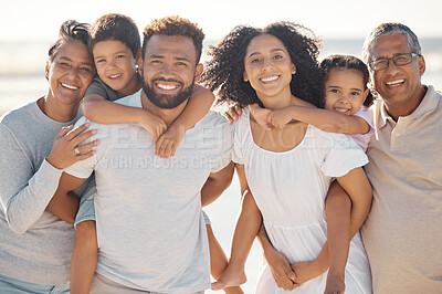 Buy stock photo Big family portrait on the beach for summer, outdoor vacation and holiday together with grandparents and children. Happy Mexico people or kids with grandmother, grandmother with ocean and sunshine