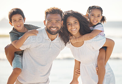 Buy stock photo Happy family portrait, smile and beach, vacation or holiday summer trip. Mother, father and children, little boy and girl relax time together on ocean sea shore, bonding and love, care and coast fun.