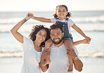 Travel, summer and family beach portrait with child and parents together on peaceful vacation. Happy mother and dad with young daughter enjoy relaxing holiday break walk on ocean sand.

