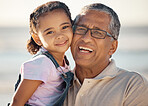Love, family and portrait of grandfather and child happy, bonding and enjoy fun quality time by the beach. Smile, happiness and face of kid girl with elderly grandparent or senior man relax together