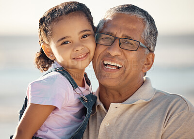Buy stock photo Love, family and portrait of grandfather and child happy, bonding and enjoy fun quality time by the beach. Smile, happiness and face of kid girl with elderly grandparent or senior man relax together