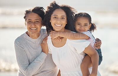Grandma, mom and girl beach love to smile together for motherhood, women and freedom fun ocean holiday vacation. People or black family and child happy at free sea water travel destination in summer